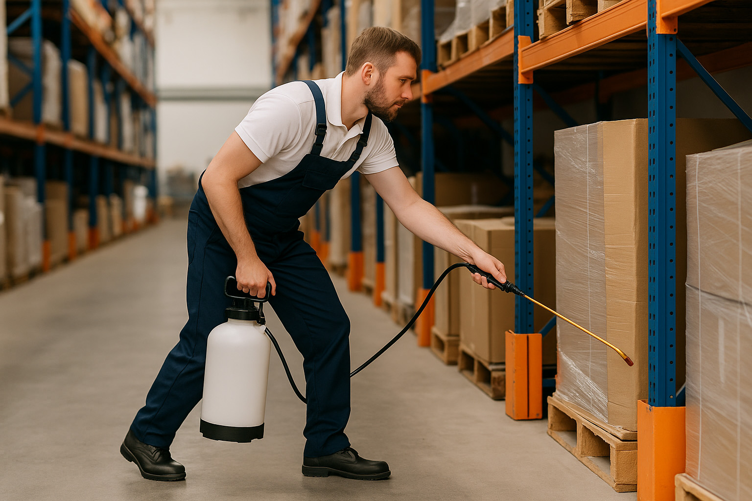 commercial technician spraying in warehouse