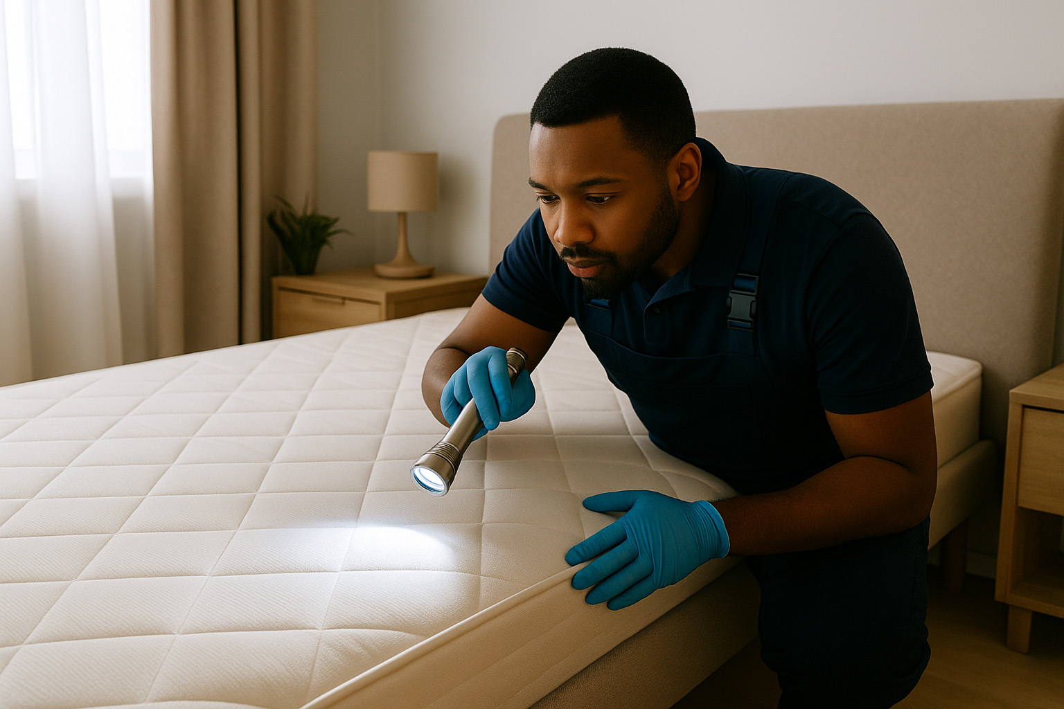 technician inspecting for bed bugs