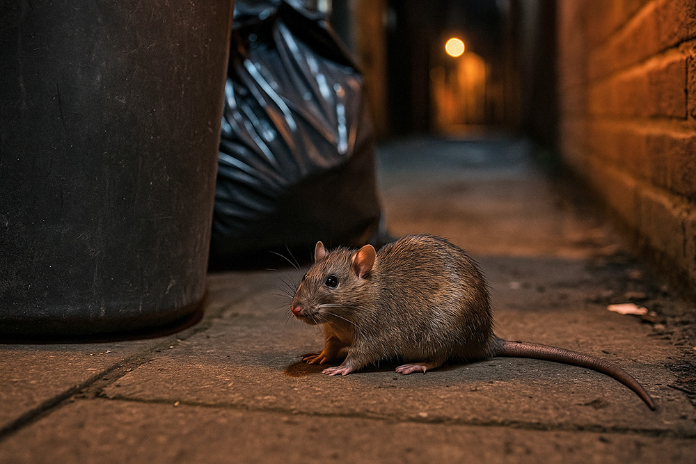 rat near trash in alley