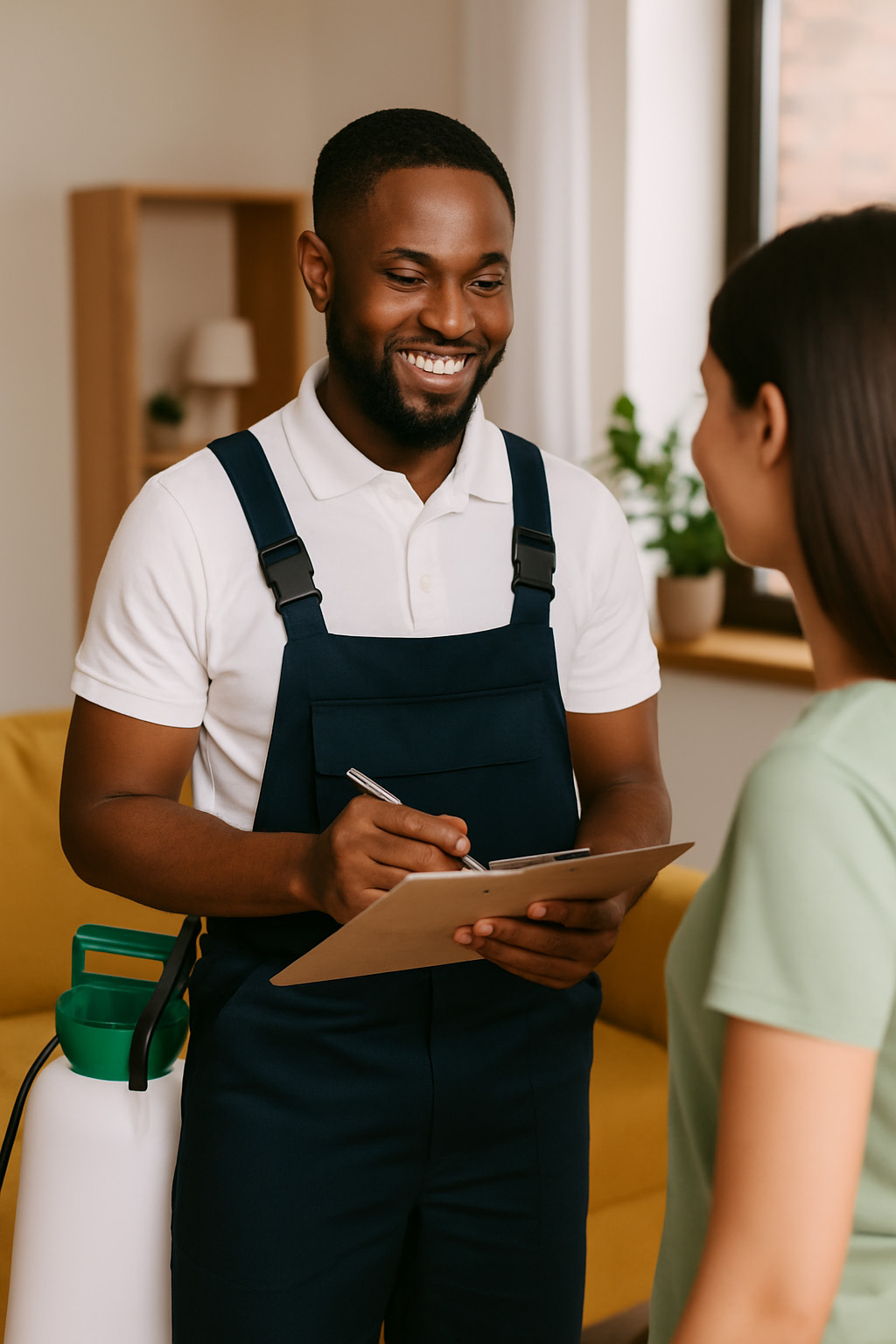 pest control technician talking with client